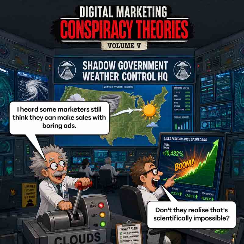 Digital Marketing Conspiracy Theories Volume Five, a shadow weather control headquarters mocking the myth that boring ads can sell