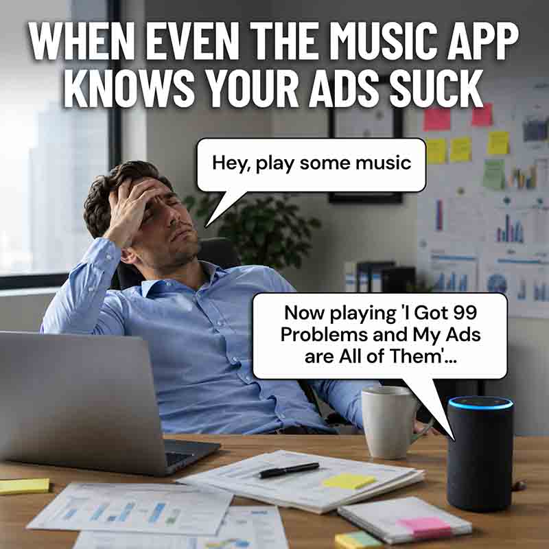 A comedy ad where a smart speaker plays a track called I Got 99 Problems and My Ads Are All of Them