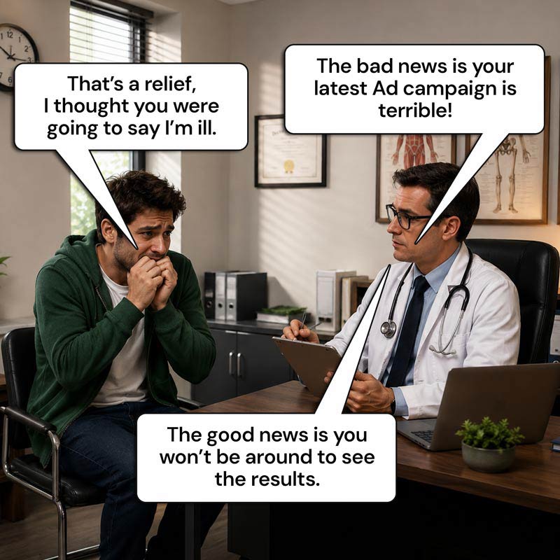 A doctor's office meme ad, the bad news is your ad campaign is terrible, the good news is you will not be around to see the results