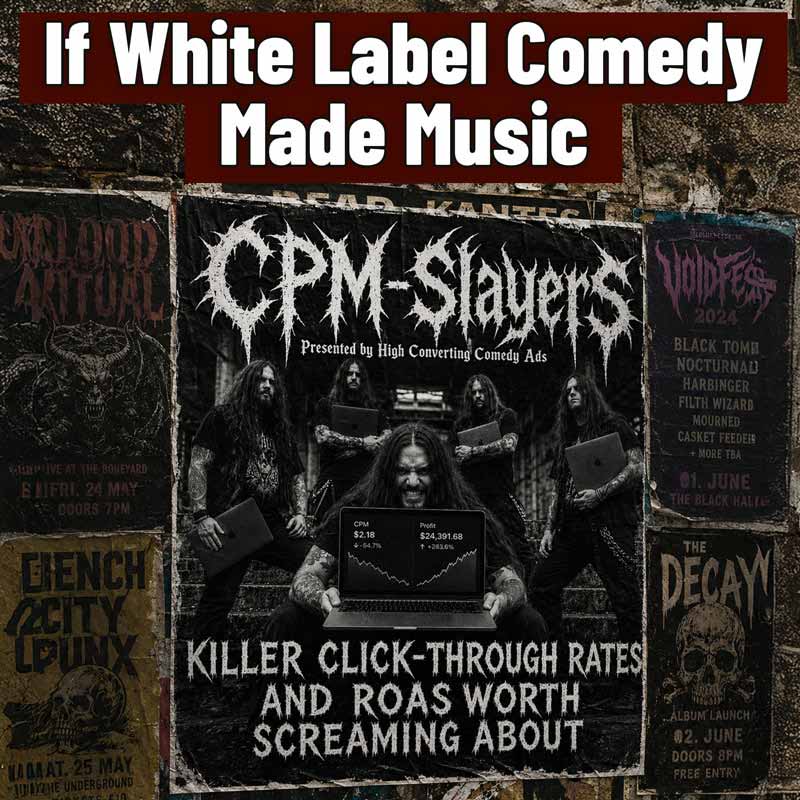 A spoof heavy metal gig poster reading CPM Slayers, the same music metaphor framework in a very different genre