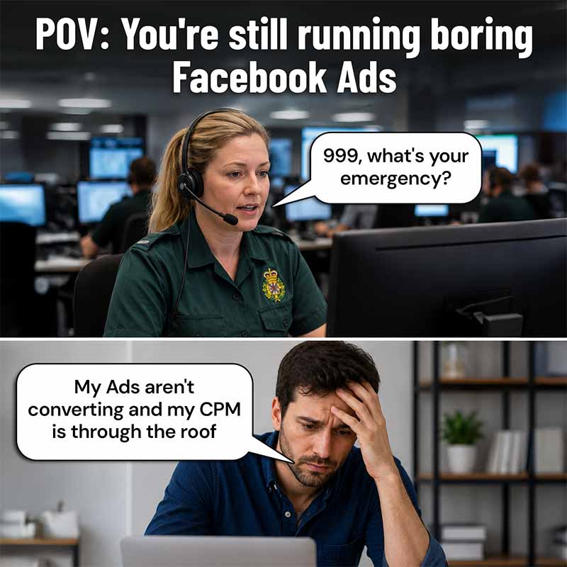 A comedy ad styled as a 999 emergency call, with the caller saying my ads are not converting and my CPM is through the roof