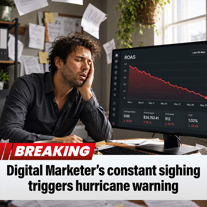 A spoof breaking news ad about a marketer's sighing triggering a hurricane warning, the same framework library reskinned again
