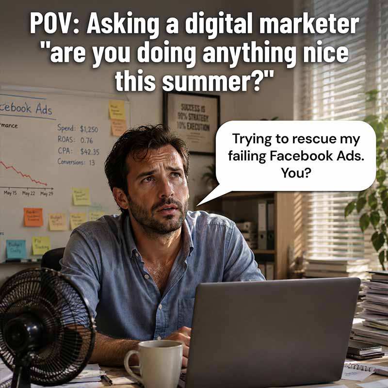 A meme ad asking a digital marketer if they are doing anything nice this summer, with the reply, trying to rescue my failing Facebook ads