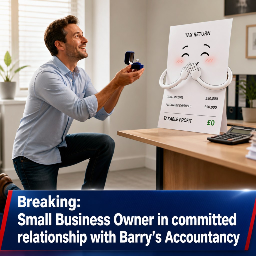A spoof breaking news ad, a man kneeling with a ring box in front of a smiling tax return document, headline reading Breaking: Small business owner in committed relationship with Barrys Accountancy