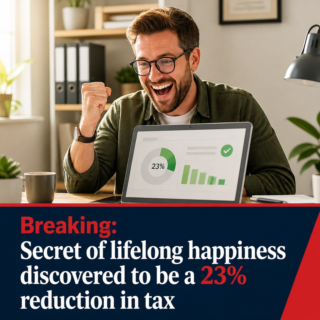 A spoof breaking news ad, a delighted man at a laptop, headline reading Breaking: Secret of lifelong happiness discovered to be a 23 percent reduction in tax