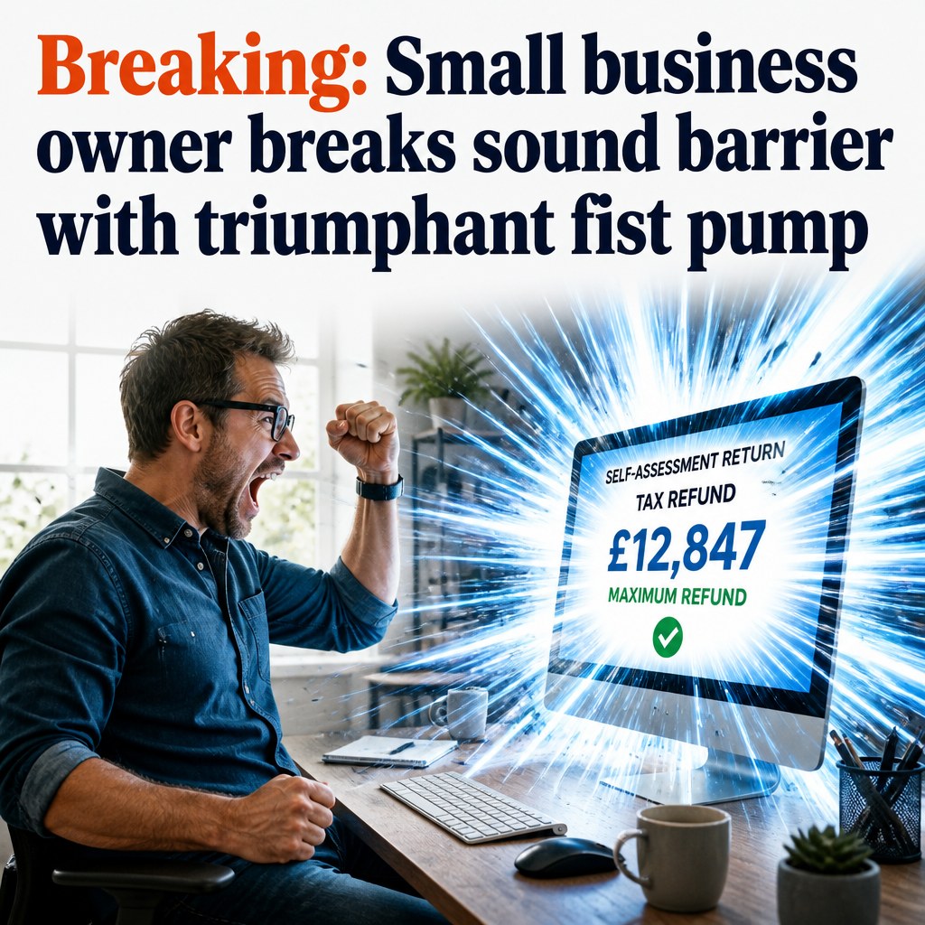 A spoof breaking news ad, a small business owner fist pumping at a screen showing a tax refund, headline reading Breaking: Small business owner breaks sound barrier with triumphant fist pump