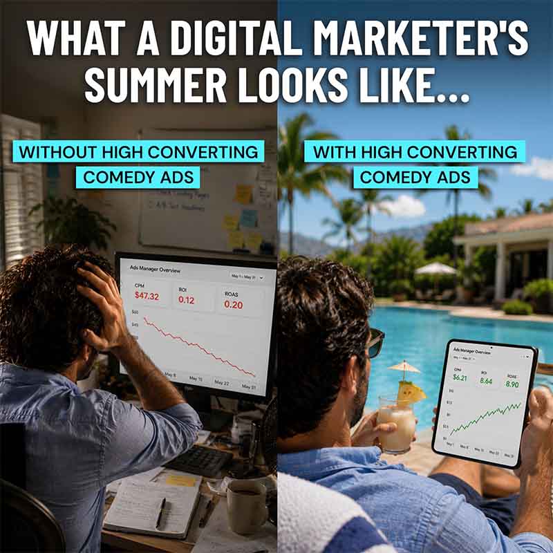 A before and after ad showing a digital marketer's summer without high converting comedy ads versus with them
