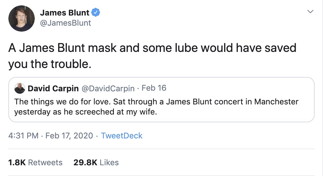 James Blunt has his self-deprecating humour on fleek