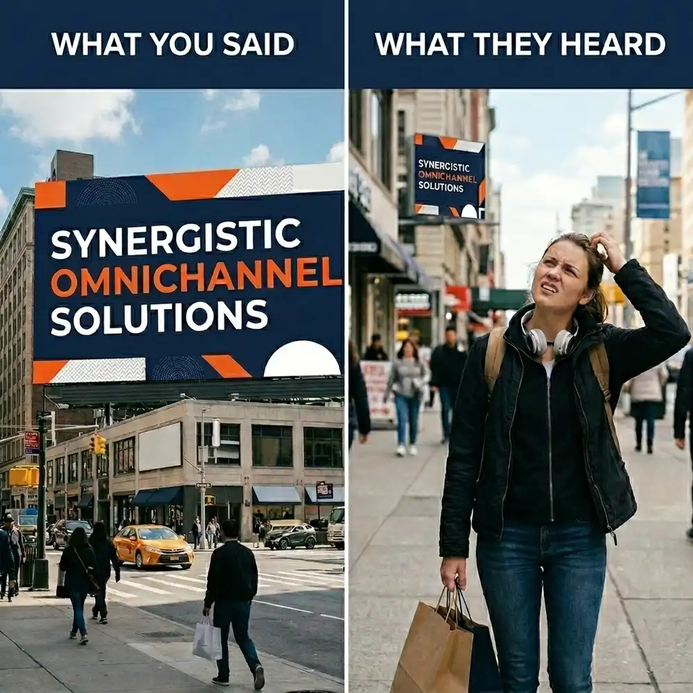 A what you said versus what they heard meme: a billboard reading Synergistic Omnichannel Solutions, and a confused shopper scratching her head