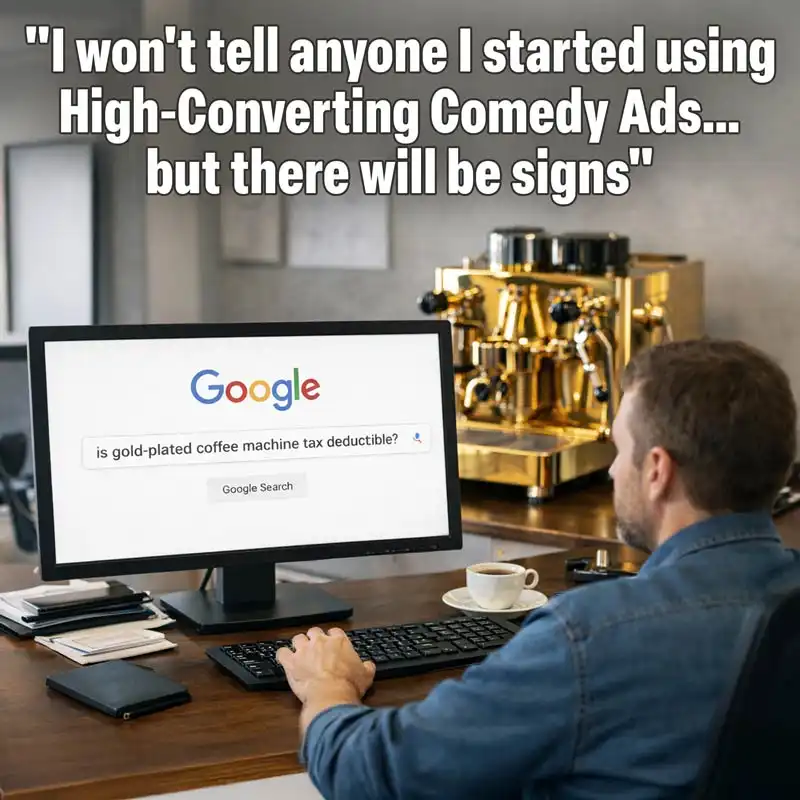 A man at a gold-plated espresso machine googling whether it is tax deductible, under a caption joking that using high-converting comedy ads leaves signs
