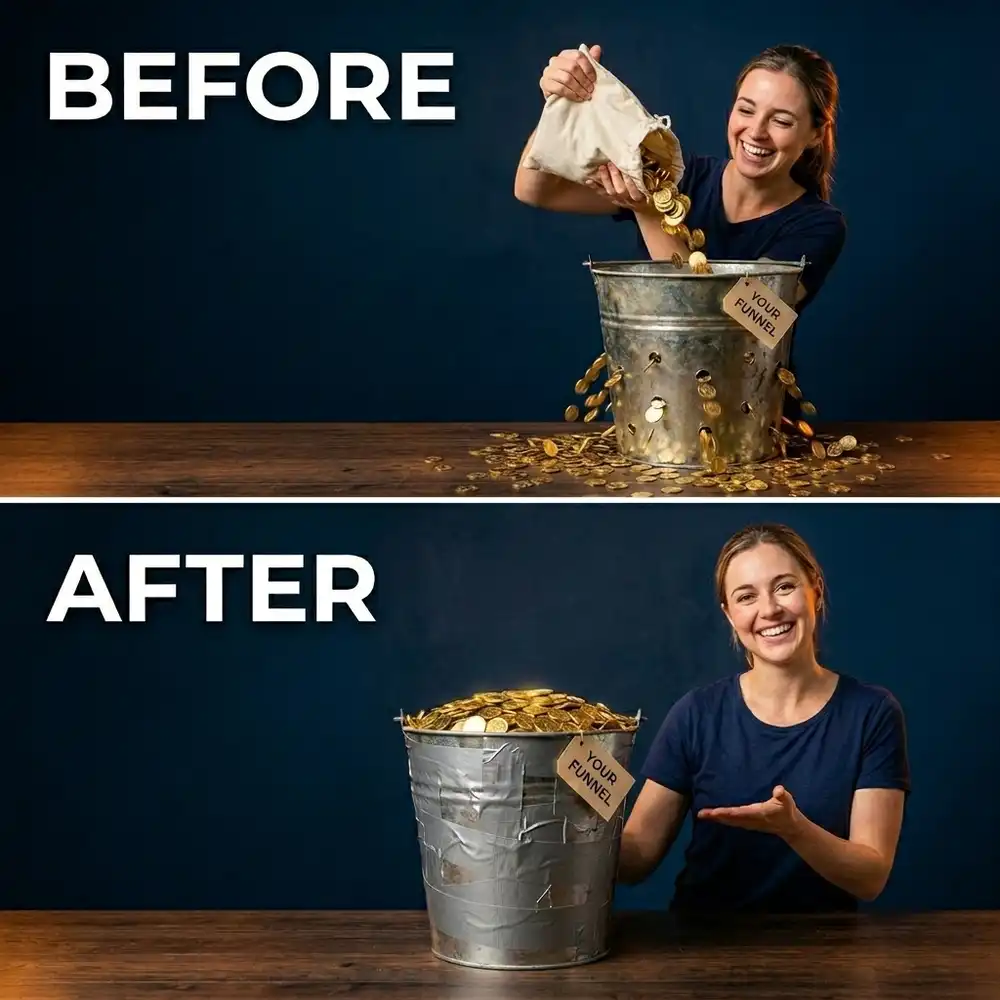 A before and after: a leaking bucket labelled Your Funnel spilling gold coins, then the same bucket patched up and full to the brim