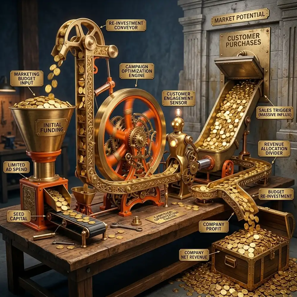 An elaborate brass Rube Goldberg machine turning marketing budget into gold coins, funnelling company profit into a treasure chest