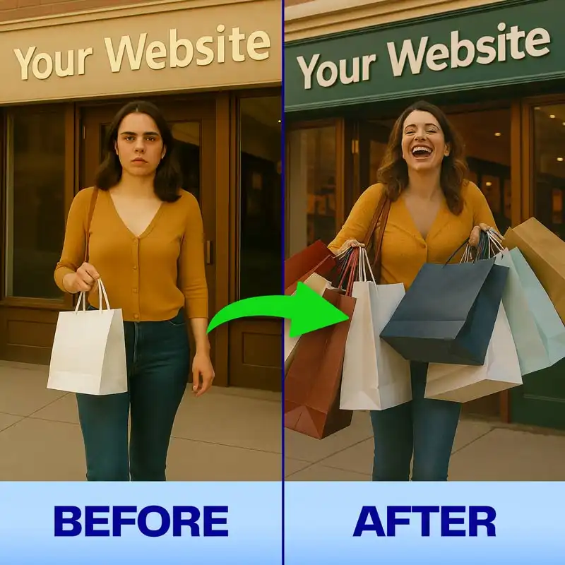 A before and after: the same shopper leaves Your Website with one bag, then with an armful of bags