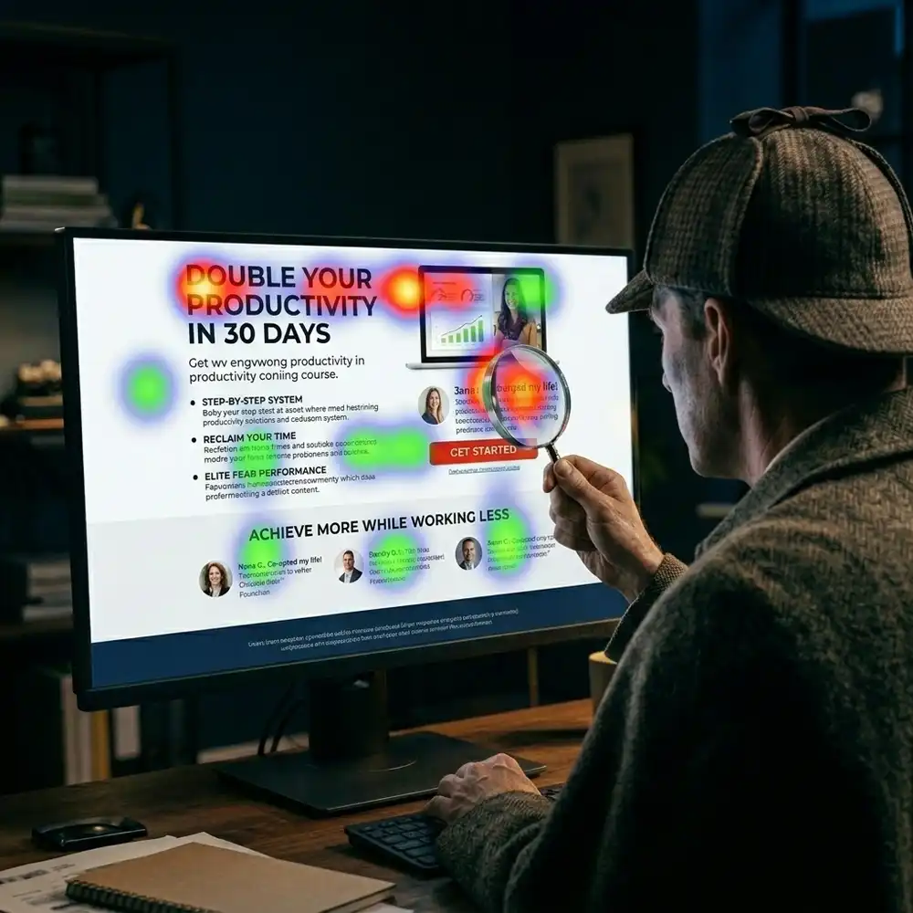 A figure dressed as Sherlock Holmes inspects a landing page heatmap on a monitor with a magnifying glass, hot zones in orange and red