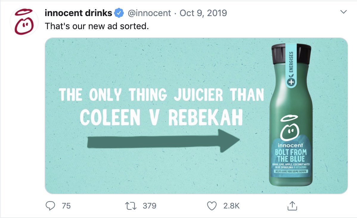 A funny tweet about the Innocent blue drink tweet from the Innocent Drinks Twitter account.