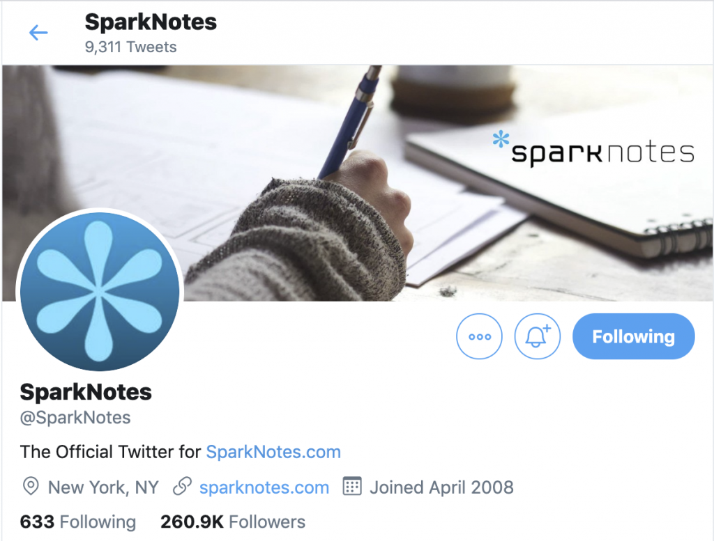 SparkNotes Twitter image showing their social media marketing image and followers.