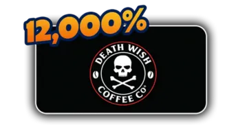 Death Wish Coffee logo with “12,000%” in bold above it, showcasing extreme growth fueled by edgy, humor-driven advertising campaigns